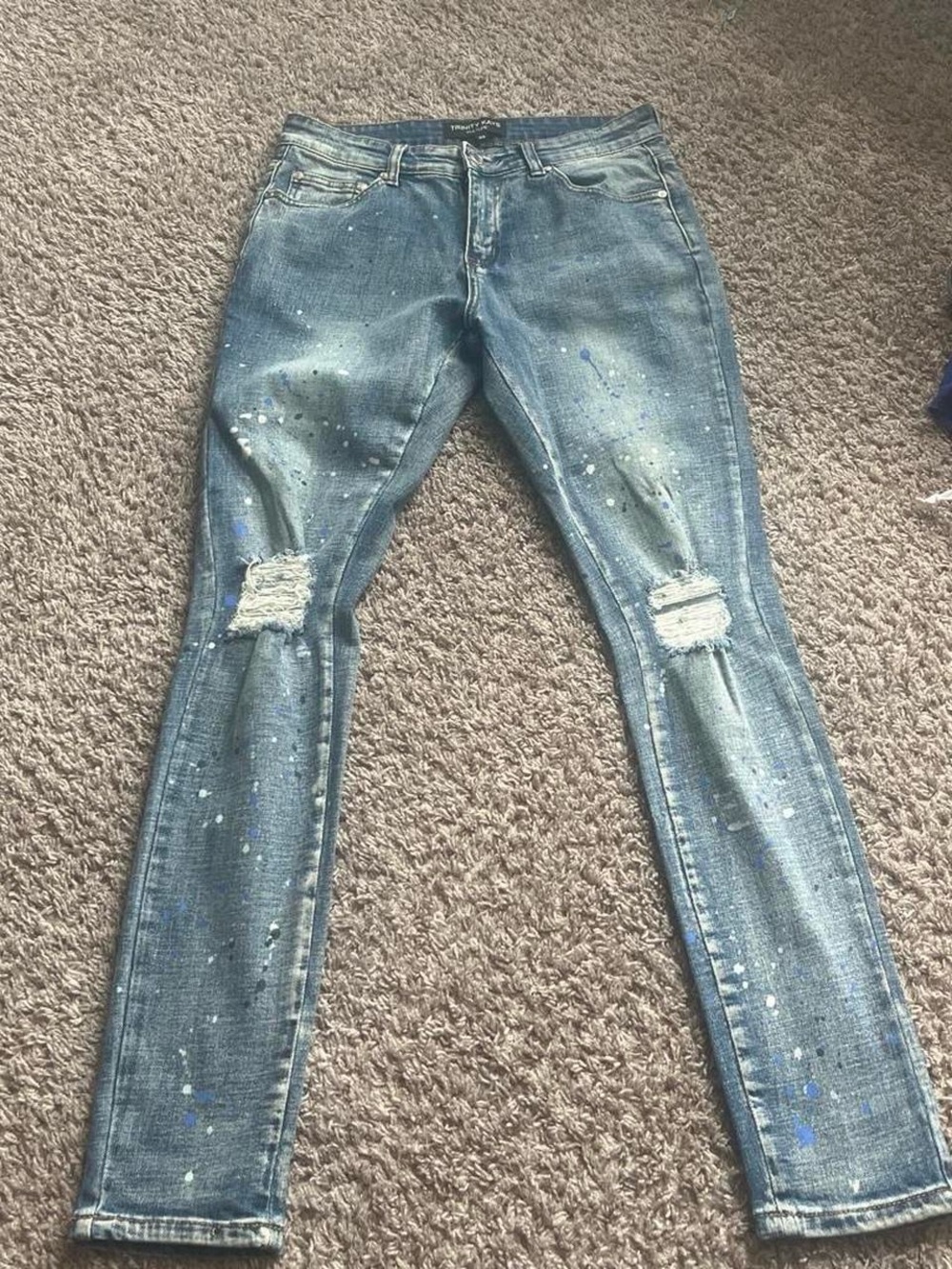 & Other Stories Skinny Blue Distressed Jeans with Paint Splatter